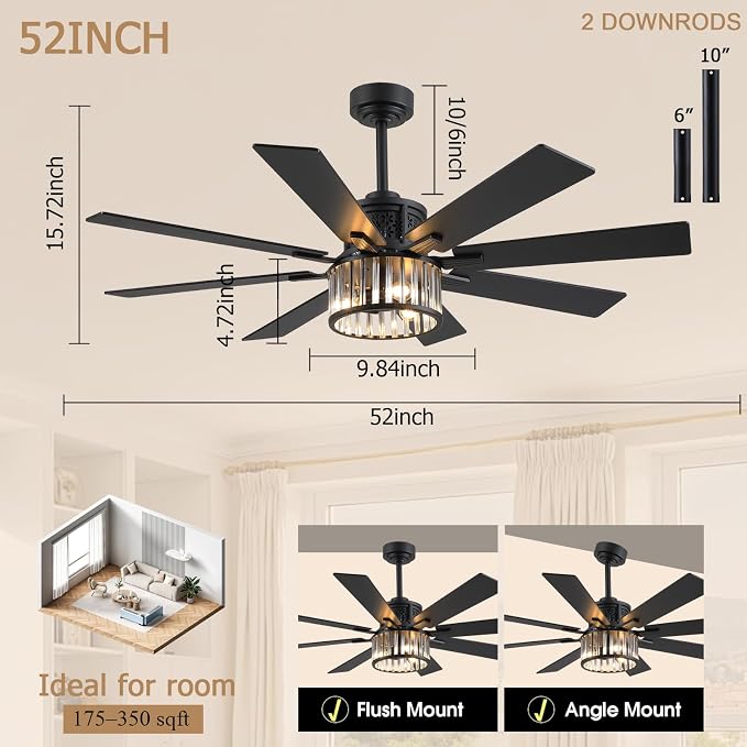 NKPU 52 Inch Farmhouse Crystal Ceiling Fans with Lights and Remote, Chandelier Industrial Ceiling Fan with Dual 8 Blades, 6 Speed Reversible Motor, Timing, Black Ceiling Fan for Living room Bedroom