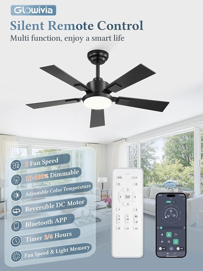 42 Inch Ceiling Fans with Lights and Remote&APP Control, Black Smart Ceiling Fan with 3000-6000K Dimmable, 6 Speeds Quiet Reversible Motor, Indoor/Outdoor Ceiling Fan for Bedroom Living Room
