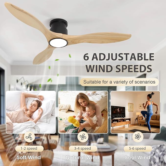 Ceiling Fans with Lights Remote 52inch Solid Amber Color Wood Fan Timing 6 Speeds Silent Reversible DC Motor 3CCT LED Light with Memory Lighting Function Indoor Outdoor Fan Farmhouse Bedroom