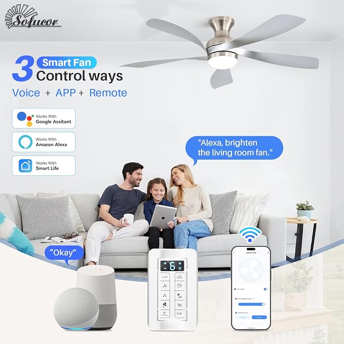 Sofucor Smart 52'' Low Profile Ceiling Fan with Lights and Remote, Flush Mount Ceiling Fan Work with APP/Alexa/Google for Modern Bedroom Living Room Patio, Dimmable LED Quiet Reversible DC Motor