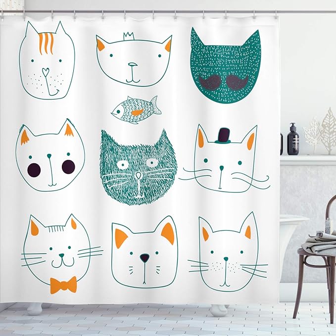 Ambesonne Cat Shower Curtain, Pets Moustache Bow Tie Hat Crown Fluffy and Fish Humor Faces Graphic, Cloth Fabric Bathroom Decor Set with Hooks, 69" W x 84" L, Teal Apricot