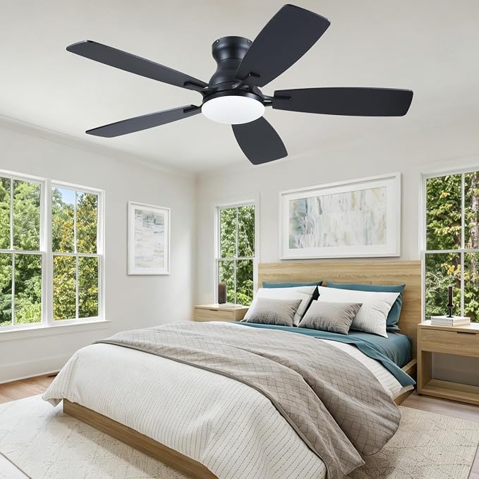 NKPU Ceiling Fans with Lights, Low Profile Ceiling Fan with Light and Remote/APP Control, DC Motor, Noiseless, Flush Mount, 46inch Black Ceiling Fan for Bedroom Indoor/Outdoor Use