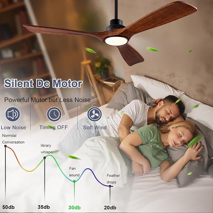 QUTWOB 42" Wood Ceiling Fan with Light, Reversible DC Motor, Remote Control | solid wood blades, quiet 6-speed reversible dc motor, remote control, 3-color dimmable led, for indoor outdoor patio bedroom