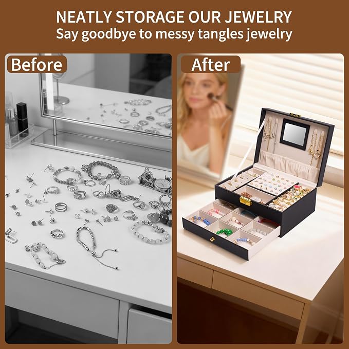 coobest Jewelry Box, 2 Layer Jewelry Organizer with Velvet Earring Organizer, Jewelry Holder Organizer Travel, White Jewelry Boxes for Women, Jewelry Boxes & Organizers for Girls, Black