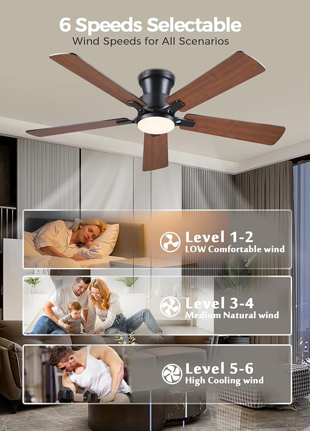JSAITEE 52Inch Ceiling Fan with Lights Flush Mount Low Profile Brown | Ceiling Fans,DC Reversible Motor, 3CCT Dimmable, Fan for Indoor Bedroom/Outdoor, Brown