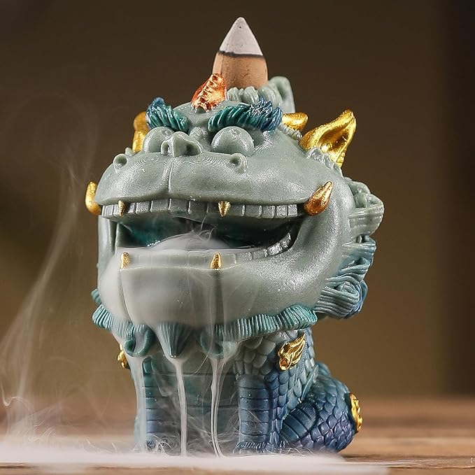 Backflow Incense Burner - Resin Tabletop Incense Holder for Cones, Fortune Dragon Statue Home Decor, Desktop Aromatherapy Ornament with Smoke Waterfall Effect for Living Room