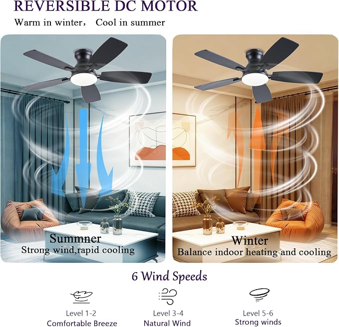 NKPU Ceiling Fans with Lights, Low Profile Ceiling Fan with Light and Remote/APP Control, DC Motor, Noiseless, Flush Mount, 42inch Black Ceiling Fan for Bedroom Indoor/Outdoor Use
