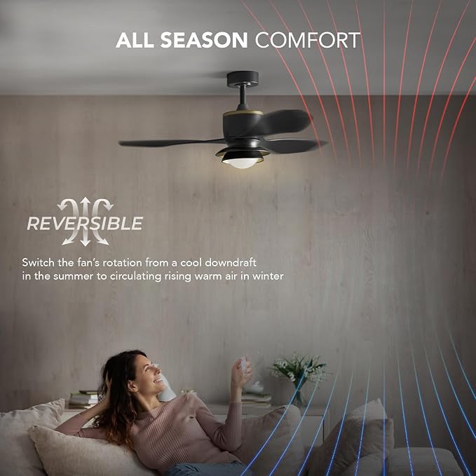 Globe Electric 27106 48" Ceiling Fan with LED Light, Remote Control, WhisperQuiet DC Motor, 6 Speeds, Black with Brass Accents, Reversable Airflow, Ceiling Fans with Lights, Ceiling Lighting