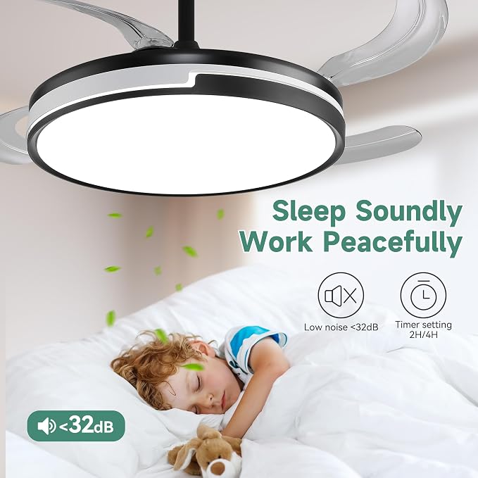 Retractable Ceiling Fans with Lights and Remote, 42'' Black and White Modern Fandelier Ceiling Fans Dimmable LED, Energy Efficient, Memory Function,Timer Setting Fan for Living Room Bedroom