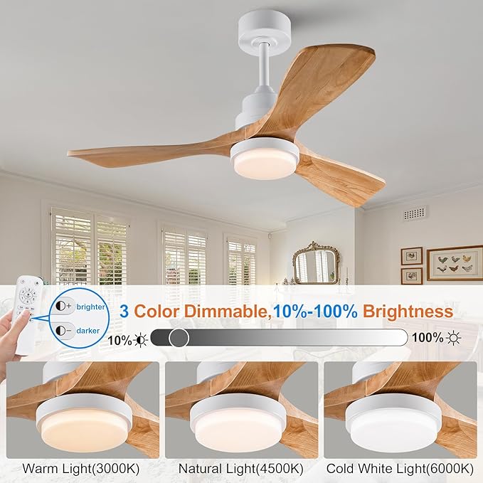 42 Inch White Ceiling Fans with Lights and Remote,Dimmable LED Light,Quite Reversible DC Motor,Memory Function,Modern Solid Wood Indoor Outdoor Ceiling Fan with Light for Farmhouse Bedroom Patio