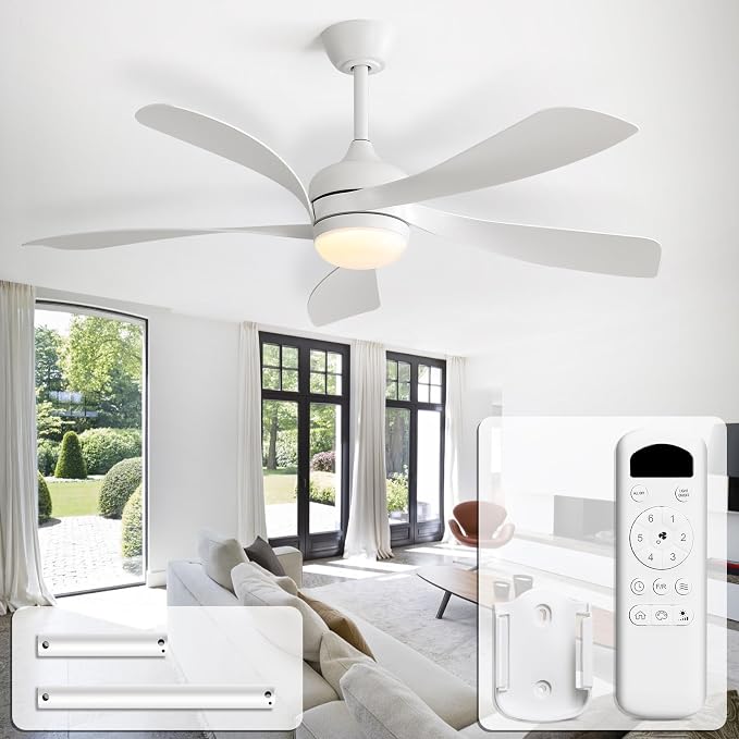 CACI Mall 52 inch White Ceiling Fans with Lights, Remote Control, Low Profile, Modern, Outdoor Ceiling Fan with with 5 Blades, Quiet Reversible DC Motor for Living Room, Bedroom, Patios