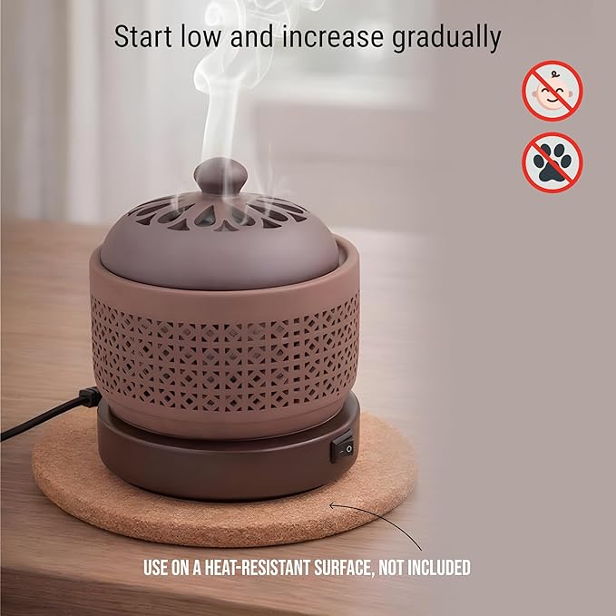 Ceramic Electric Incense Burner with Temperature Control, Timer & Night Light – Bakhoor & Resin Warmer (Brown)