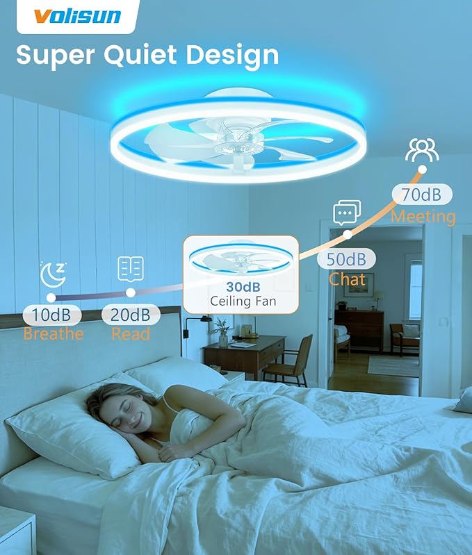 VOLISUN RGB Ceiling Fans with Lights and Remote, 23.6in Low Profile Ceiling Fans with Lights Flush Mount, 3000K-6500K Dimmable Fandelier LED Fan Light, White Bladeless Ceiling Fans for Bedroom