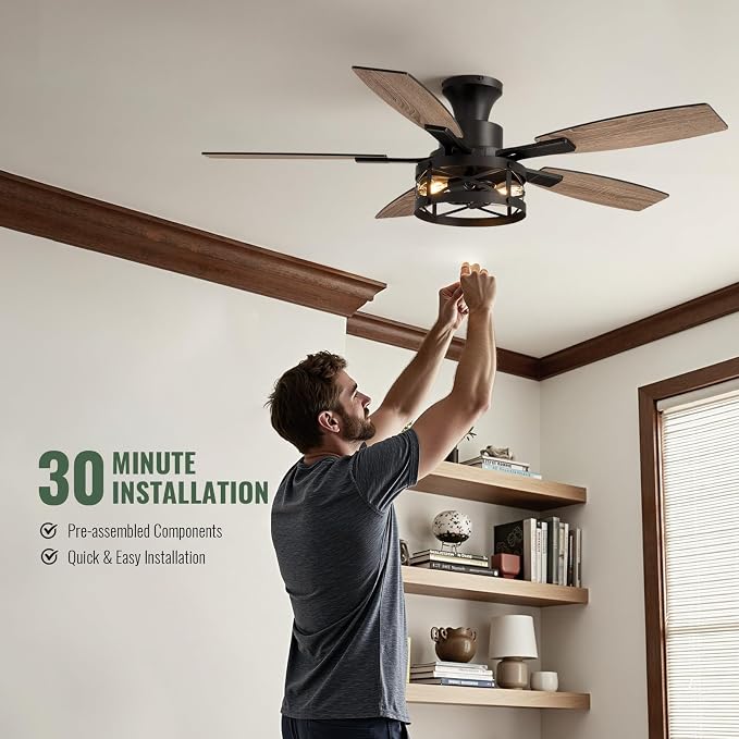 52 Inch Flush Mount Ceiling Fans with Lights and Remote Control, Low Profile Farmhouse Ceiling Fan for Bedroom Living Room and Patio, Black Caged Ceiling Fan for Indoor and Outdoor（NO BULBS）