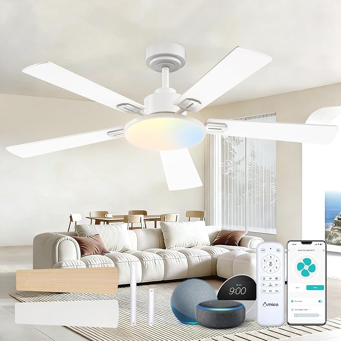 Amico Ceiling Fans with Lights, 52 inch Smart Ceiling Fan with Remote/APP/Alexa Control, Downrod Mount, Reversible DC Motor, 5 Blades, 6 Speeds, 3CCT, Dimmable, Noiseless, Bedroom, Living Room, White