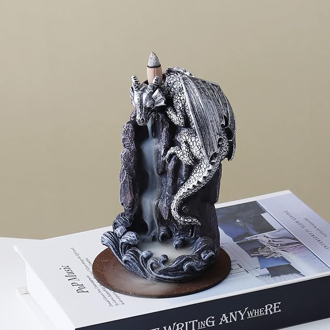 Dragon Backflow Incense Holder Waterfall Incense Burner, with 100 Backflow Incense Cones,1 Mat,1 Tweezers，Aromatherapy Ornamental for Home Office Yoga （Silver Dragon）