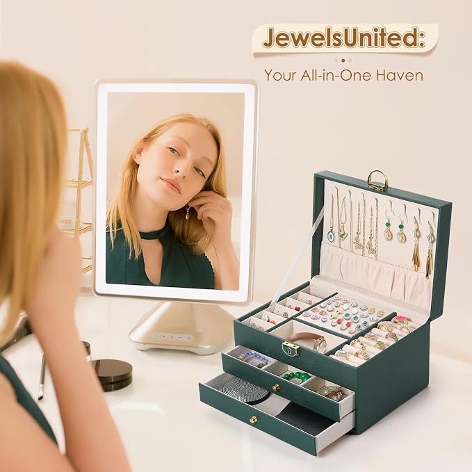 coobest 3 Layer Jewelry Box, Jewelry Holder Organizer with 2 Drawer Tray, Large boxes for Women Velvet Earring Organizer, Lockable & Organizers, Birthday Gifts for Women Mom, Green