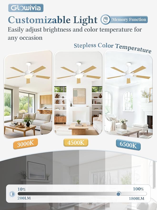 52 Inch Ceiling Fans with Lights and Remote&APP Control, White Smart Ceiling Fan with 3000-6000K Dimmable, 10 Speeds Quiet Reversible Motor, Indoor/Outdoor Ceiling Fan for Bedroom Living Room