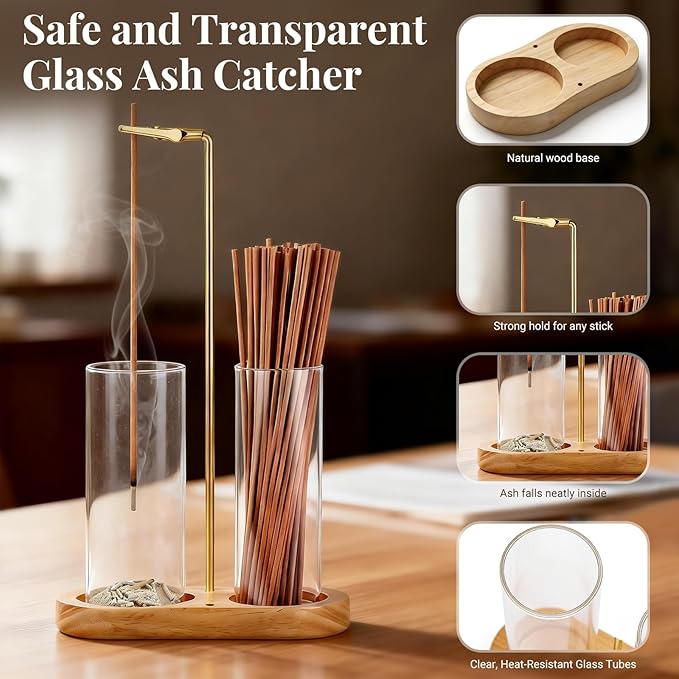 Glass Incense Holder, 2 in 1 Hanging Incense Burner Holder with Ash Catcher & Storage | Cute Boho Decor for Meditation, Yoga, Spa | Stick Incense Holder, Censer, Incense Tray Alternative (Natural)