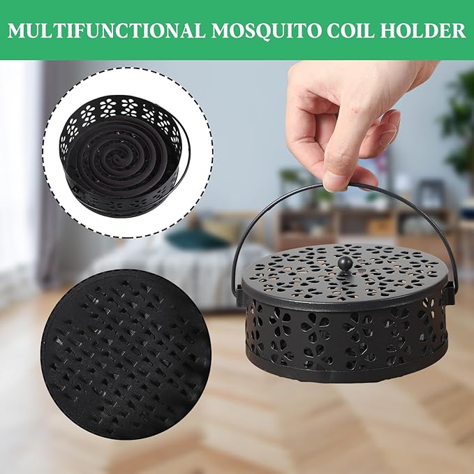 4 Pcs Mosquito Coil Holder Incense Coil Holder, Retro Iron Portable Hanging Outdoor Incense Burner Holder with Handle Round Metal Incense Holder for Home Camping Indoor Outdoor Patio (Black)