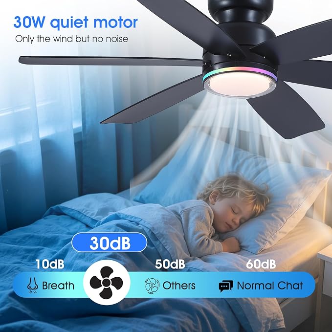 Kviflon 46" Modern Ceiling Fans with RGB Lights Remote/APP Control, Low Profile Flush Mount Ceiling Fan, 6 Reversible Plastic Blades 6 Speeds, RGB + 3 CCT Dimmable Lights for Bedroom Kidsroom, Black