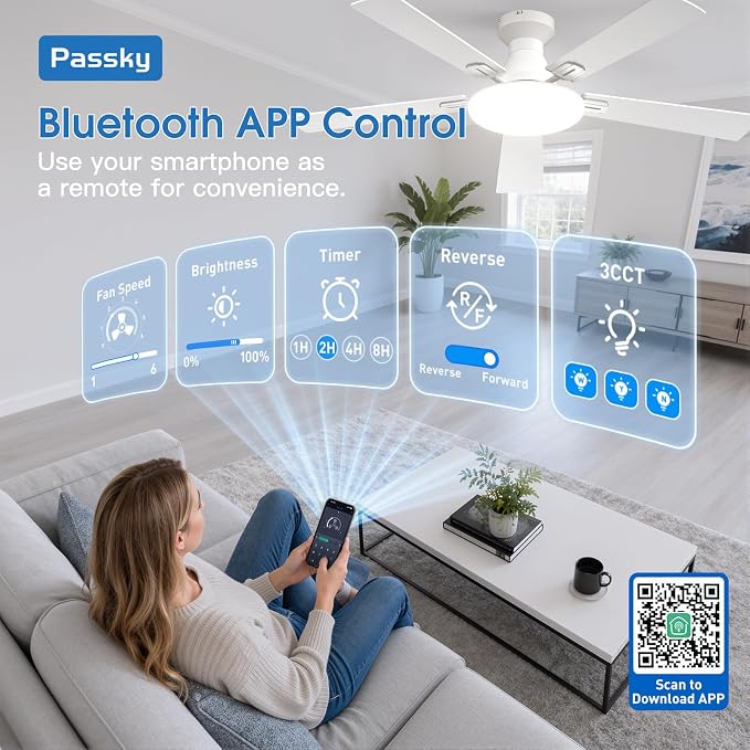 Passky Ceiling Fans with Lights, 52 inch Flush Mount Ceiling fan with Remote Control, Low Profile Ceiling Fan for Bedroom, Farmhouse, Reversible, 3CCT, Dimmable, Noiseless DC Motor, White