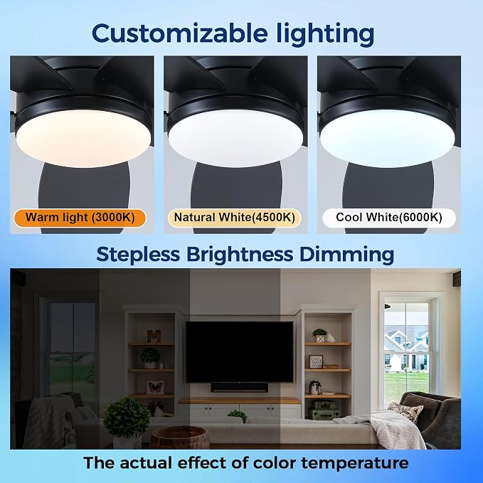 JSAITEE 48" Ceiling Fans with Lights Low Profile - Flush Mount Ceiling Fan with Light and Remote, 6 Wind Speeds Reversible, 3CCT Dimmable, Black Fan Light for Modern Indoor, Bedroom, Kitchen