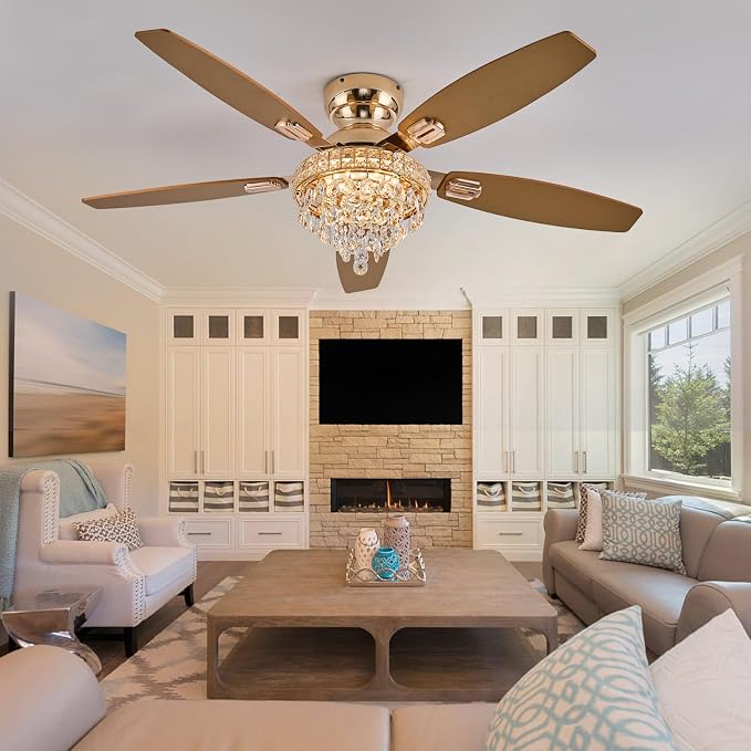 Crystal Ceiling Fan Fandelier with Lights-Ceiling Fans with Lights,54" Low Profile and Remote Control, Flush Mount, Reversible, Dimmable, Noiseless,Gold Ceiling Fan for Bedroom