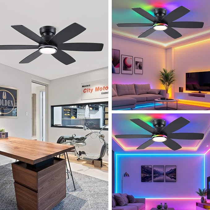 Kviflon 46" Ceiling Fans with RGB Lights, Low Profile Ceiling Fan with Remote/APP Control, Flush Mount, Double-Sided 6 Reversible Blades, RGB+3CCT Dimmable Lights, Double Lampshade for Bedroom, Black