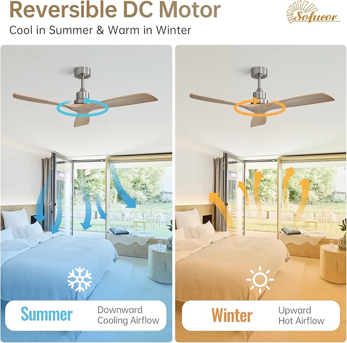 Sofucor 52 Inch Ceiling Fan No Light - Modern Solid Wood Ceiling Fan with Remote, 5000CFM High Airflow, Quiet DC Motor, 6 Speeds, Timer & Reversible for Bedroom Living Room, ETL, Wood