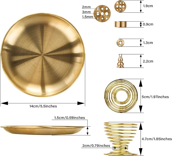 ZenBless 5 in 1 Incense Burner, Palo Santo Holder, Sage Holder, Incense Sticks/Coil/Cones, 5.5 inches Brass Ash Catcher for Meditation Yoga Room (Gold_2pcs)
