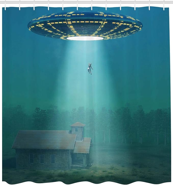 Ambesonne Outer Space Shower Curtain, Surreal Image of Visitor UFO Abduction of Humans in a Field at Foggy Misty Night, Cloth Fabric Bathroom Decor Set with Hooks, 69" W x 70" L, Teal White