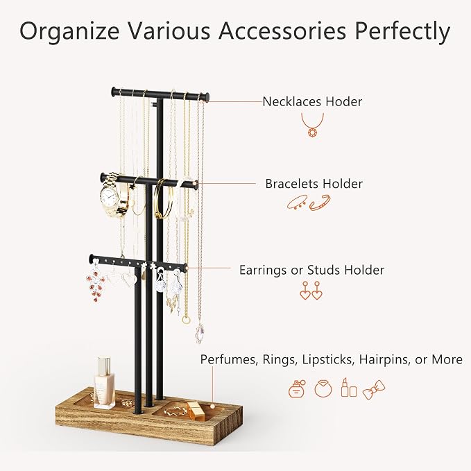 Love-KANKEI Jewelry Organizer 3-Tier,Adjustable Height,Carbonized Black | Metal Rod,Solid Wood Base,Easy to Install,Tree Style,Display Long Necklaces,Bracelets,Earrings,Rings,Watches,Bangles,Gift