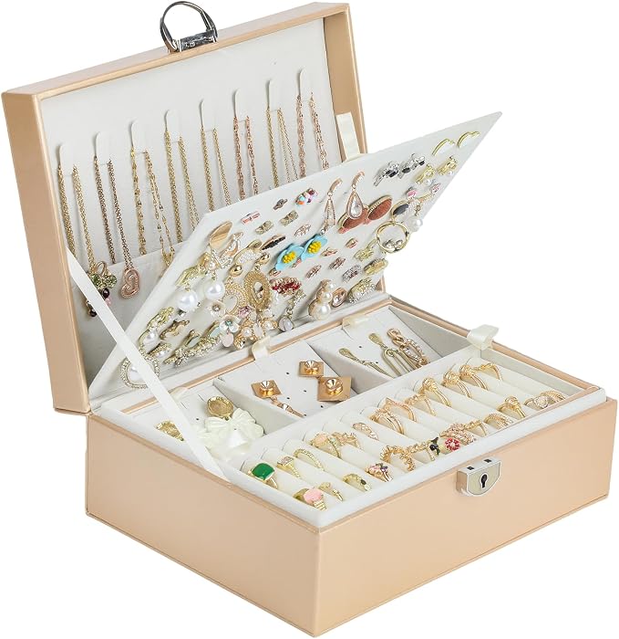 BOOVO Large Jewelry Boxes For Women (Champagne, 4 layer) | 4 Layers Jewelry Organizer Box With Cosmetic Storage Drawer, Necklace Ring Jewelry Organizer Box
