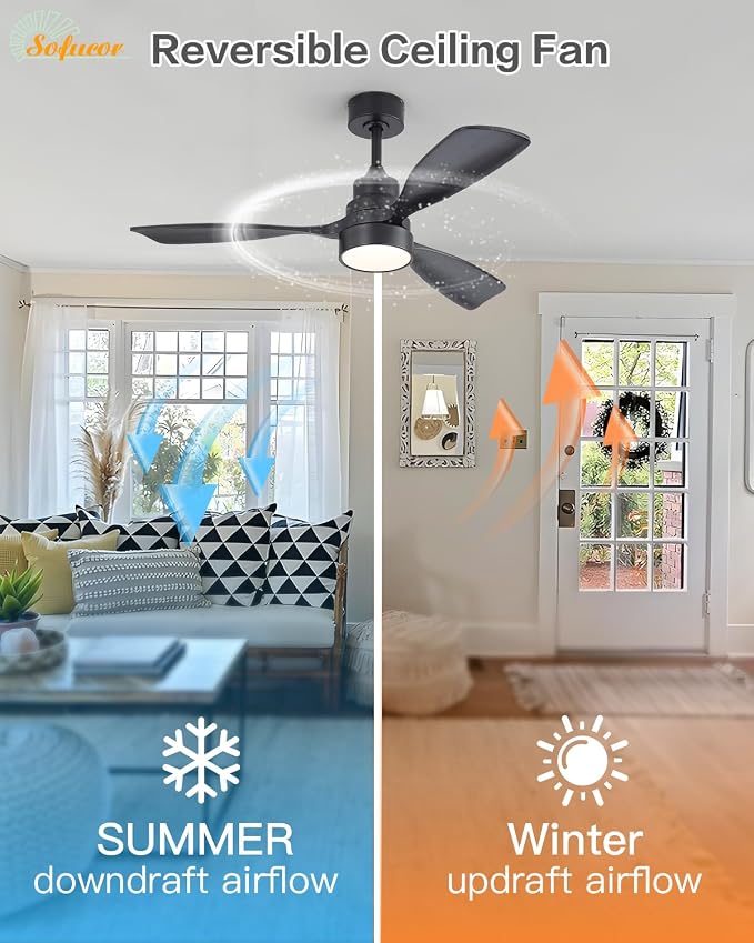 Sofucor 48 Inch Smart Ceiling Fans with Lights-Flush Mount & Downrod Mount Modern Outdoor Ceiling Fans with Alexa/Google Assistant/APP/Remote Control for Bedroom/Farmhouse/Patio, Black