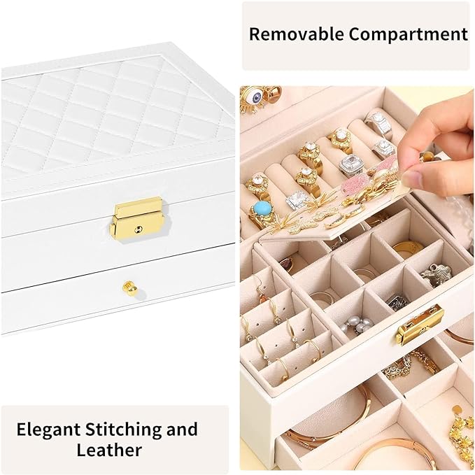 GUOER Jewelry Box for Women Girls, Two Layers Jewelry Organizer (White) | Vintage Quilting Stitching PU Leather, Earrings Bracelets Rings Necklace Watches Storage Large Jewellery Holder Case Gifts