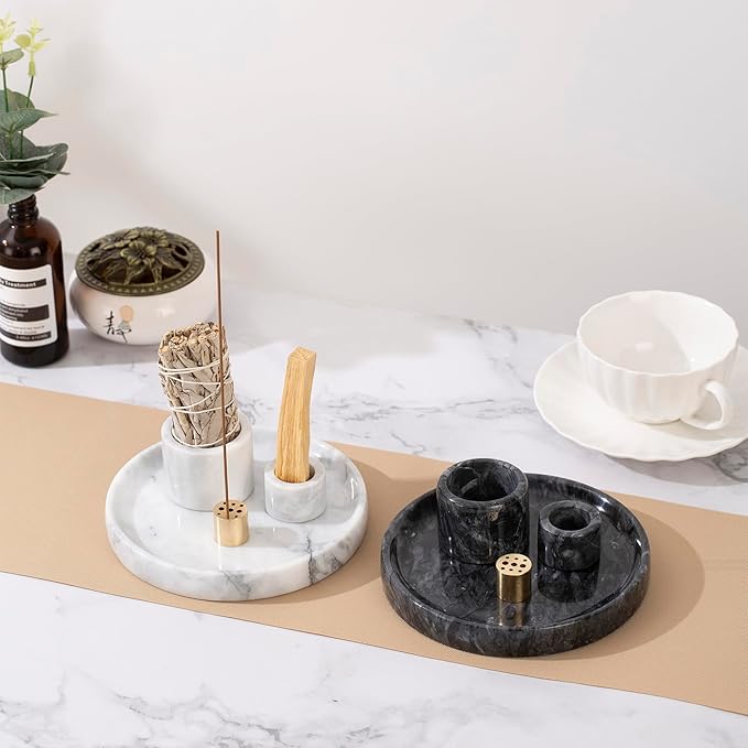4 in 1 Marble Incense Holder, Natural Marble Incense Burner for Meditation, 9 Incense Holes Suitable for Most Incense Types (White)
