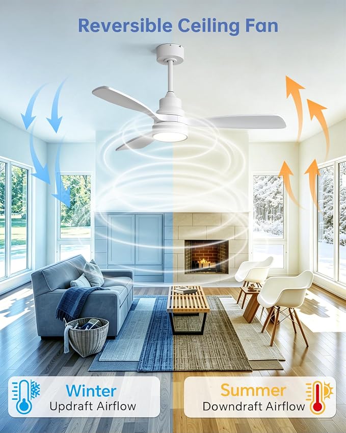Sofucor 48 Inch Ceiling Fan with Lights and Remote Control, White | Flush&Downrod Mount, Solid Wood Blade,1/4/8 H Timer, 3CCT Dimmable 6 Speed, Quiet DC Motor, Outdoor Bedroom/Living Room/Patio
