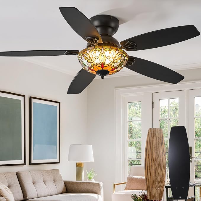 Tiffany Ceiling Fans with Lights - 48" Ceiling Fan Chandelier with 5 Dual-Blades and Glass Shade, 6 Speeds and Reversible, Indoor and Outdoor, Retro Style