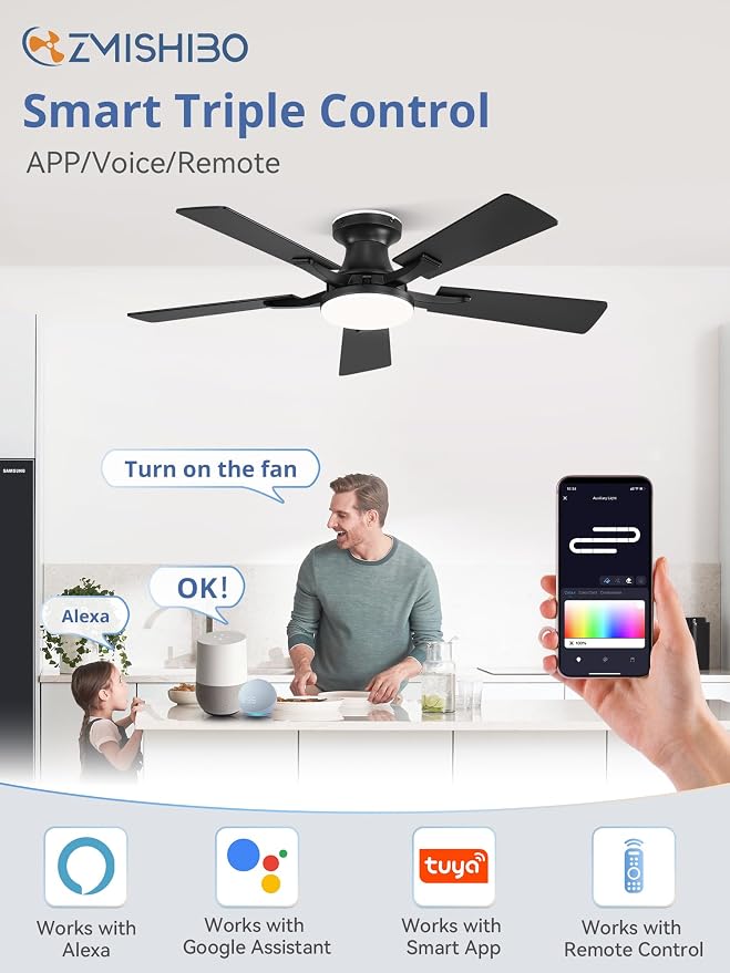 ZMISHIBO 42 Inch Ceiling Fans with RGB Lights, Low Profile Flush Mount Ceiling Fan with Alexa/App/Remote, Dimmable 20W LED Light, Black Modern Fan for Living Room, Bedroom, Game Room