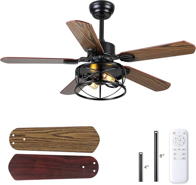 Hounberi 42 Inch Farmhouse Ceiling Fan with Light, Rustic Caged Ceiling Fans with Lights and Remote, Dual Finish 5 Blades, 6 Speeds, Reversible DC Motor, Vintage Rustic Ceiling Fans for Living Room