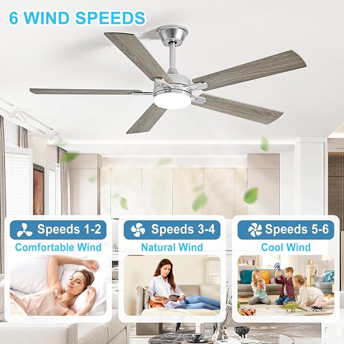 Depuley 52-inch Ceiling Fan with Light: Nickel Ceiling Fan for Living Room Indoor Outdoor - Modern Ceiling Fan with Remote Control 3CCT Dimmable Noiseless 5 Reversible Silver Blades 6 Speeds Timer