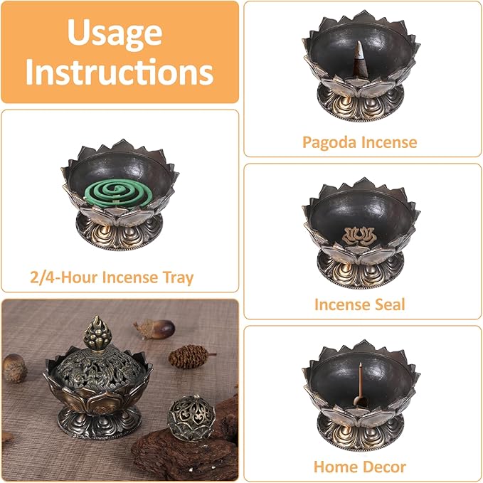 2 Pcs Small Vintage Lotus Flower Incense Holder 2.9'' x2.7'' and 1.1'' x 1'' Super Mini Classic Lotus Incense Burner with Lid Elegant Desktop Ornament for Home Office Yoga Spa Teahouse(2 Size)
