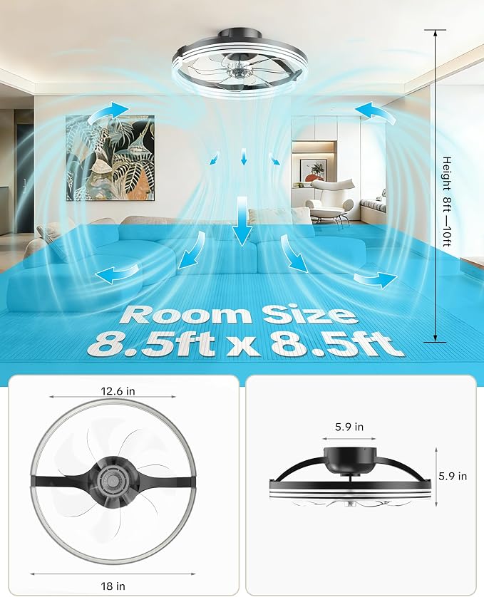 Ceiling Fans with Lights and Remote, Low Profile Ceiling Fan, Morden Flush Mount LED Fan Light, 3000K-6500K Dimmable for Bedroom, Kitchen, Living Room, Striped, Black