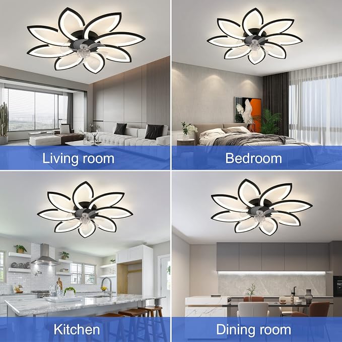 35" Geometric Ceiling Fan with Light Remote Control, 6 Speeds 3 Colors, Black Low Profile Flush Mount Ceiling Fan for Kitchen Bedroom Living Room