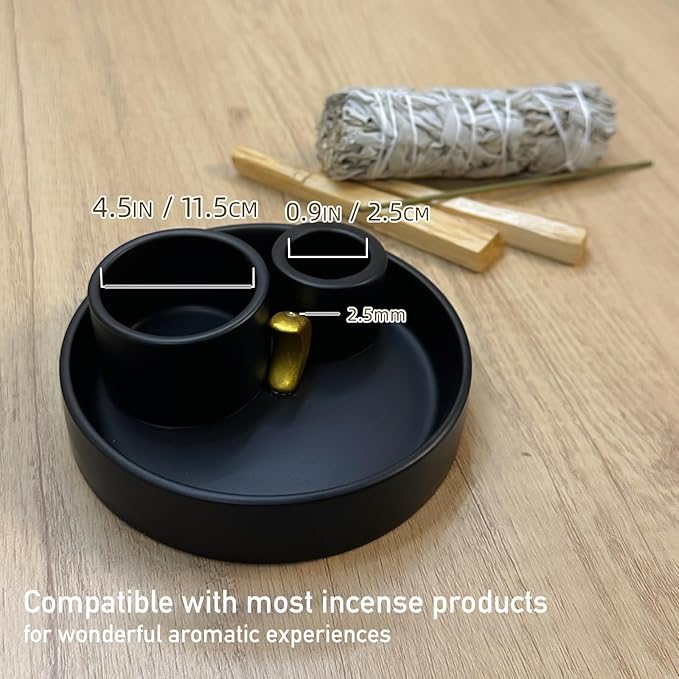 4 in 1 Incense Burner Holder, Palo Santo Holder, Sage Holder for Burning, Ceramic Incense Sticks Holder for Meditation Yoga Room Home Decor(Black)