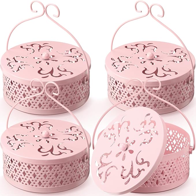 Lallisa Incense Coil Holder Sets, Round Metal Hanging Incense Burner with Handle and Lid, Portable Coil Burner Stand Container for Patio Camping Garden Home Indoor Outdoor Decor(Pink,4 Pcs)