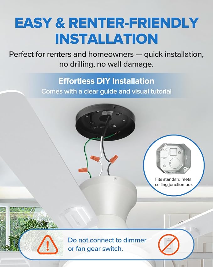 UME 60" Ceiling Fan with Lights & Remote, 6 Blades Low Profile Ceiling Fan, Quiet DC Motor, Natural Wind, 6 Speeds, 3CCT Dimmable 20W LED Modern Ceiling Fan for Bedroom, Living Room, White