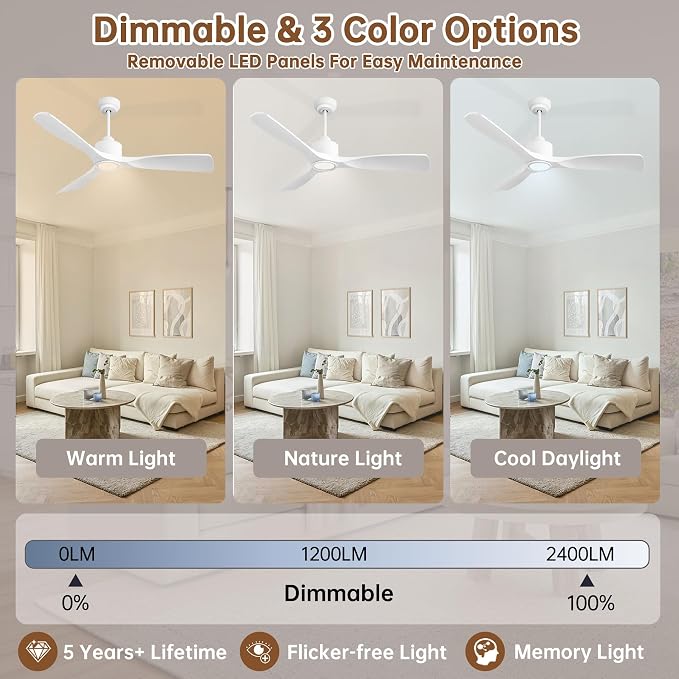 Ovlaim 52 Inch Modern White Ceiling Fan with Lights and Remote High CFM | 3 Blade Smart Ceiling Fan, ETL Listed Quiet Reversible DC Motor,Dimmable 3 Color Light,For Bedroom Living Room Garage Outdoor