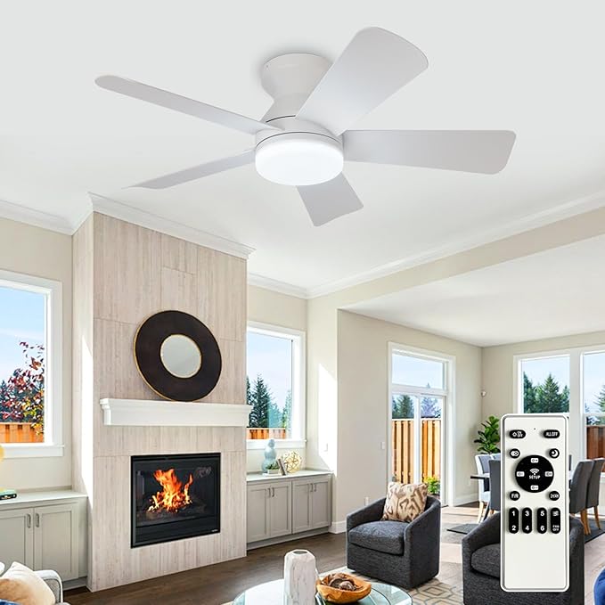 Depuley Modern Ceiling Fan with Light: 35-Inch White Small Fans for Bedroom Indoor Outdoor - Dimmable Low Profile Ceiling Fans with Remote Control Flush Mount 5 Reversible White Blades 6 Speeds Timer